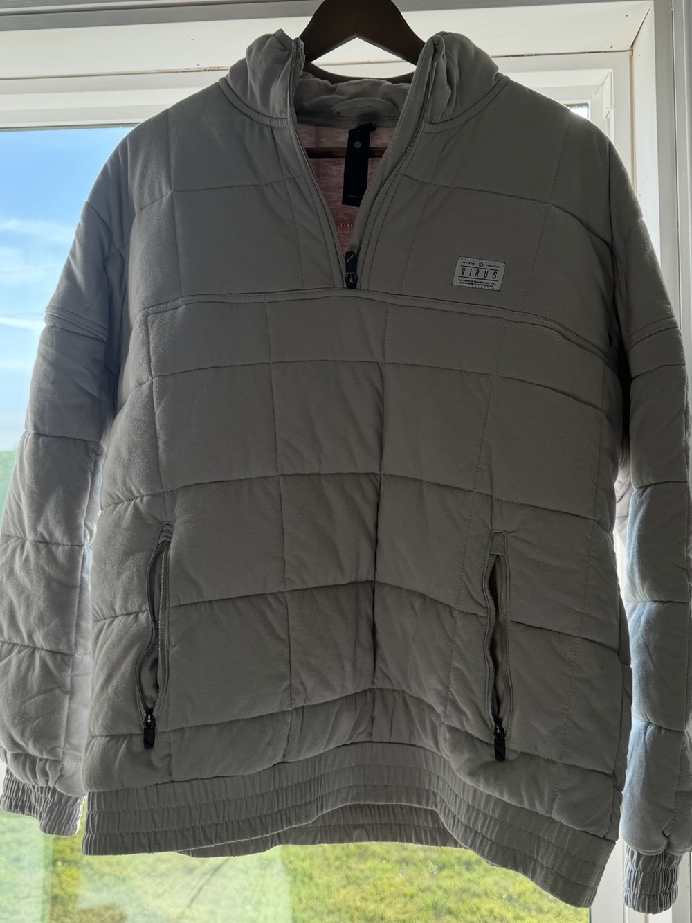 Virus Light Gray Zip-Front Quilted Hoodie with Pink Lining
